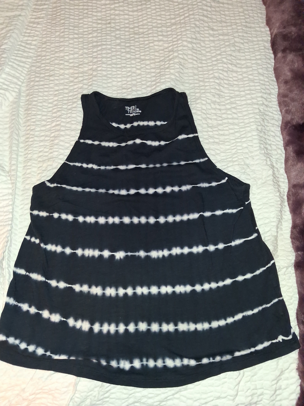 Time and Tru Black and White Striped Tie-Dye Tank Top
